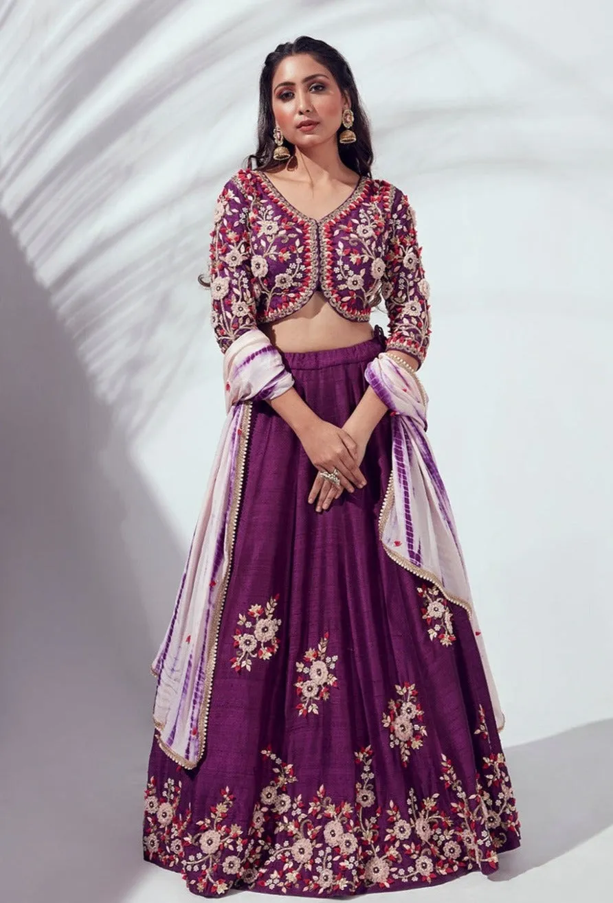 Rich Purple Embossed Lehenga Set
