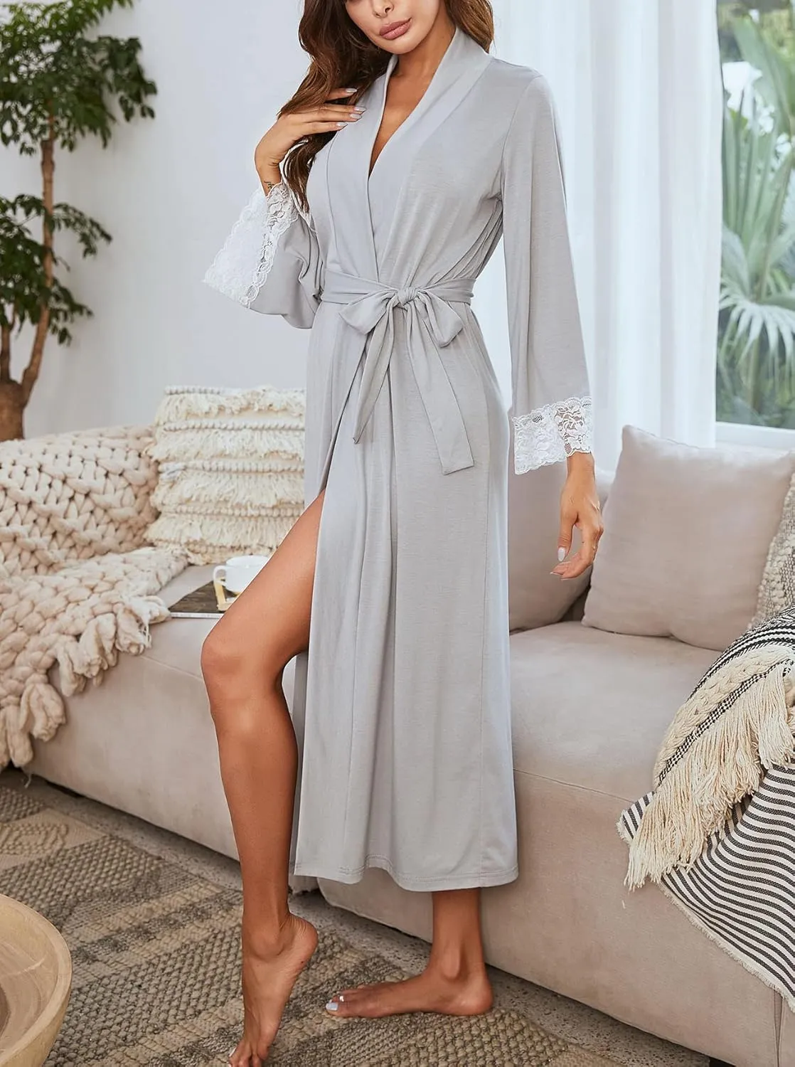 Richie House Women Kimono Sexy Robes Long Knit Bathrobe V-neck Casual Loungewear RHW2905