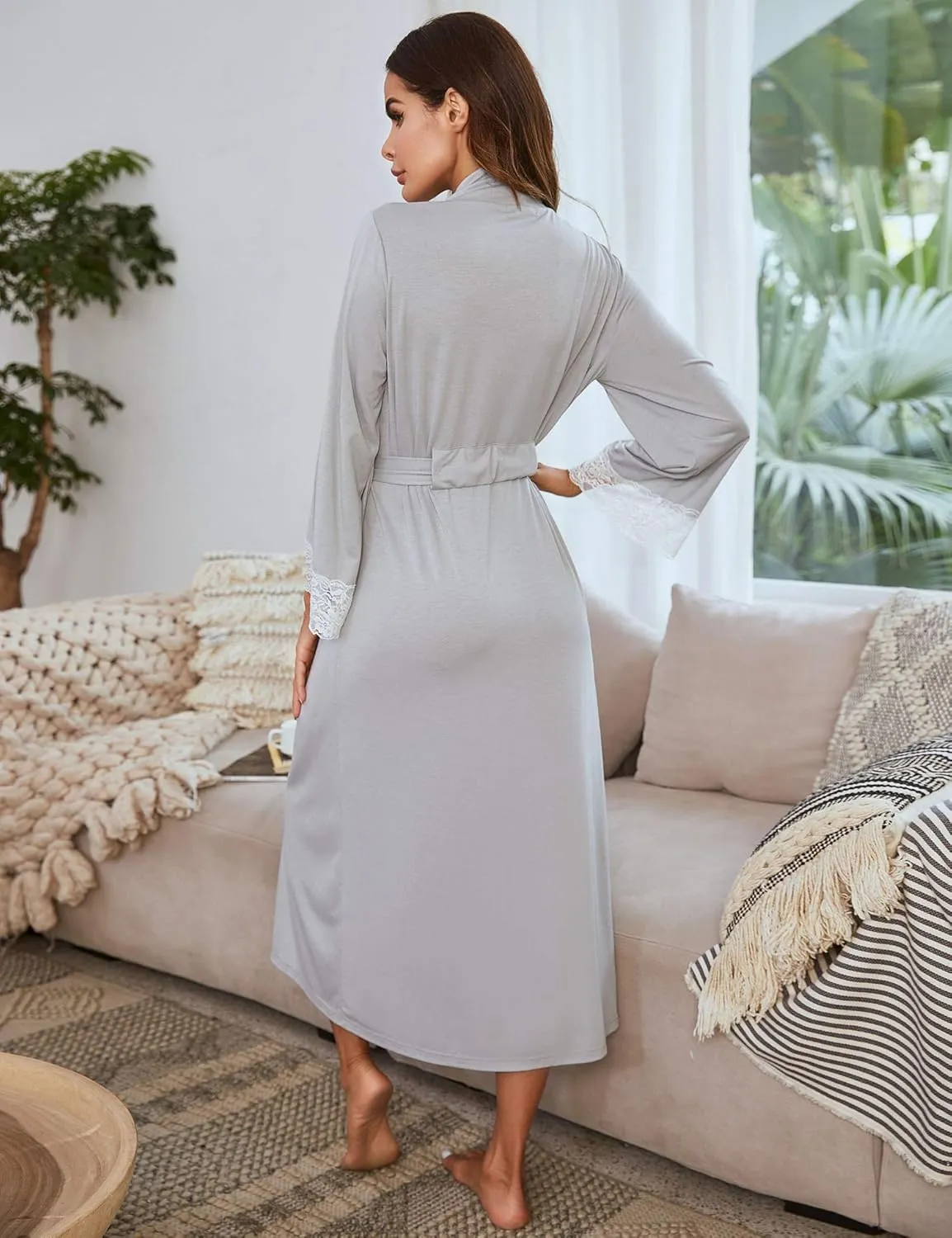Richie House Women Kimono Sexy Robes Long Knit Bathrobe V-neck Casual Loungewear RHW2905