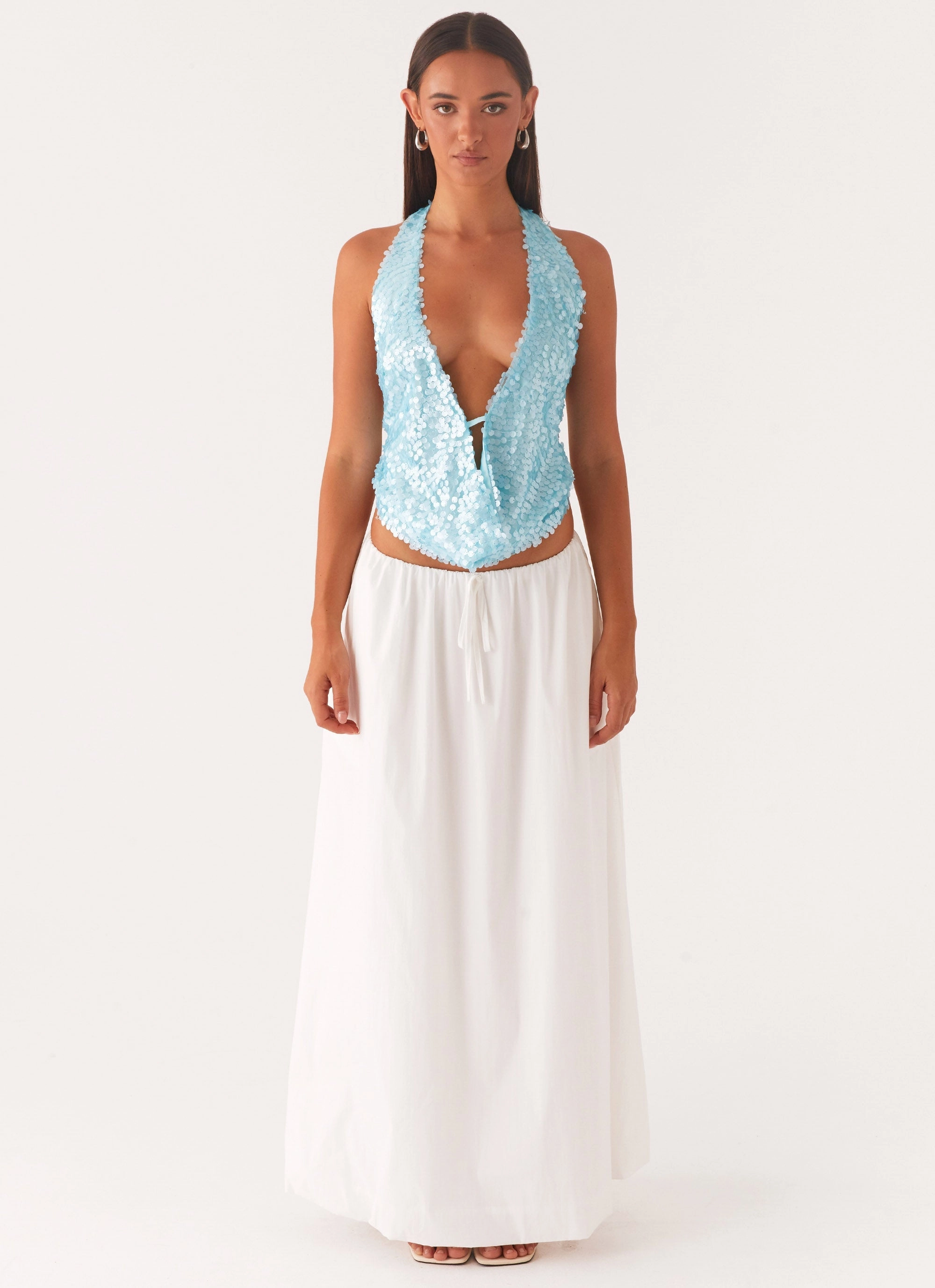 Rio Dreams Cowl Neck Halter Top - Turquoise Oversized Silhouette