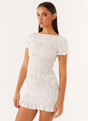 Rita Ruched Mini Dress - White Draped Silhouette Soft Lines