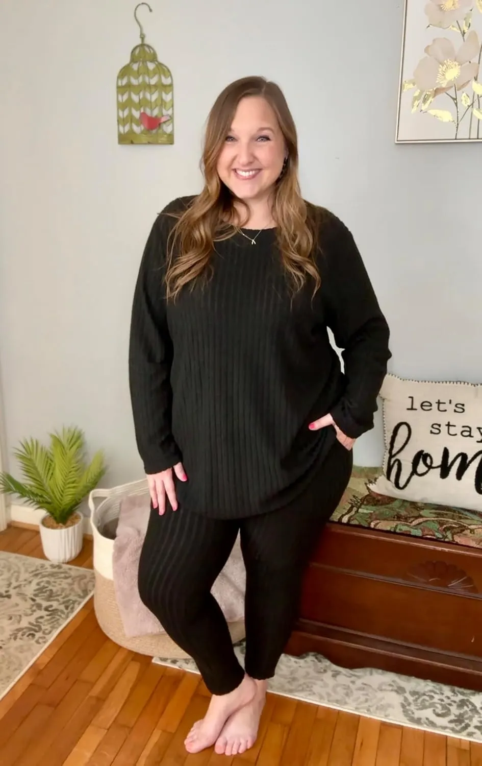 RITERA Plus Size 2 Piece Outfits Ribbed Knit Long Sleeve Lounge Sets Fall Round Neck Solid Pullover Suits XL-5XL