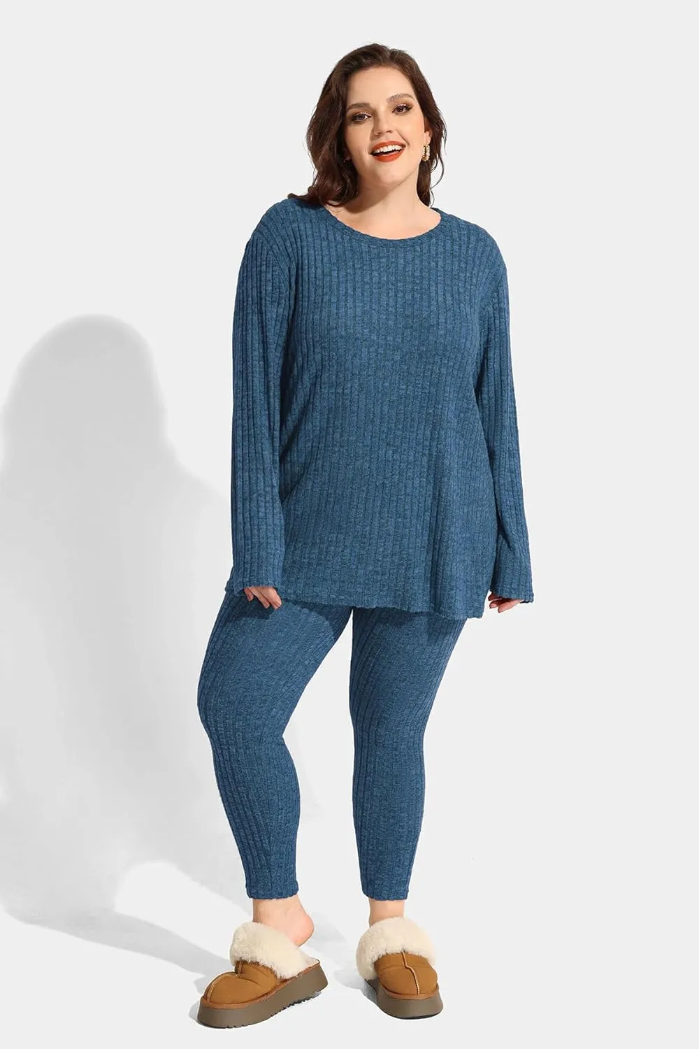 RITERA Plus Size 2 Piece Outfits Ribbed Knit Long Sleeve Lounge Sets Fall Round Neck Solid Pullover Suits XL-5XL