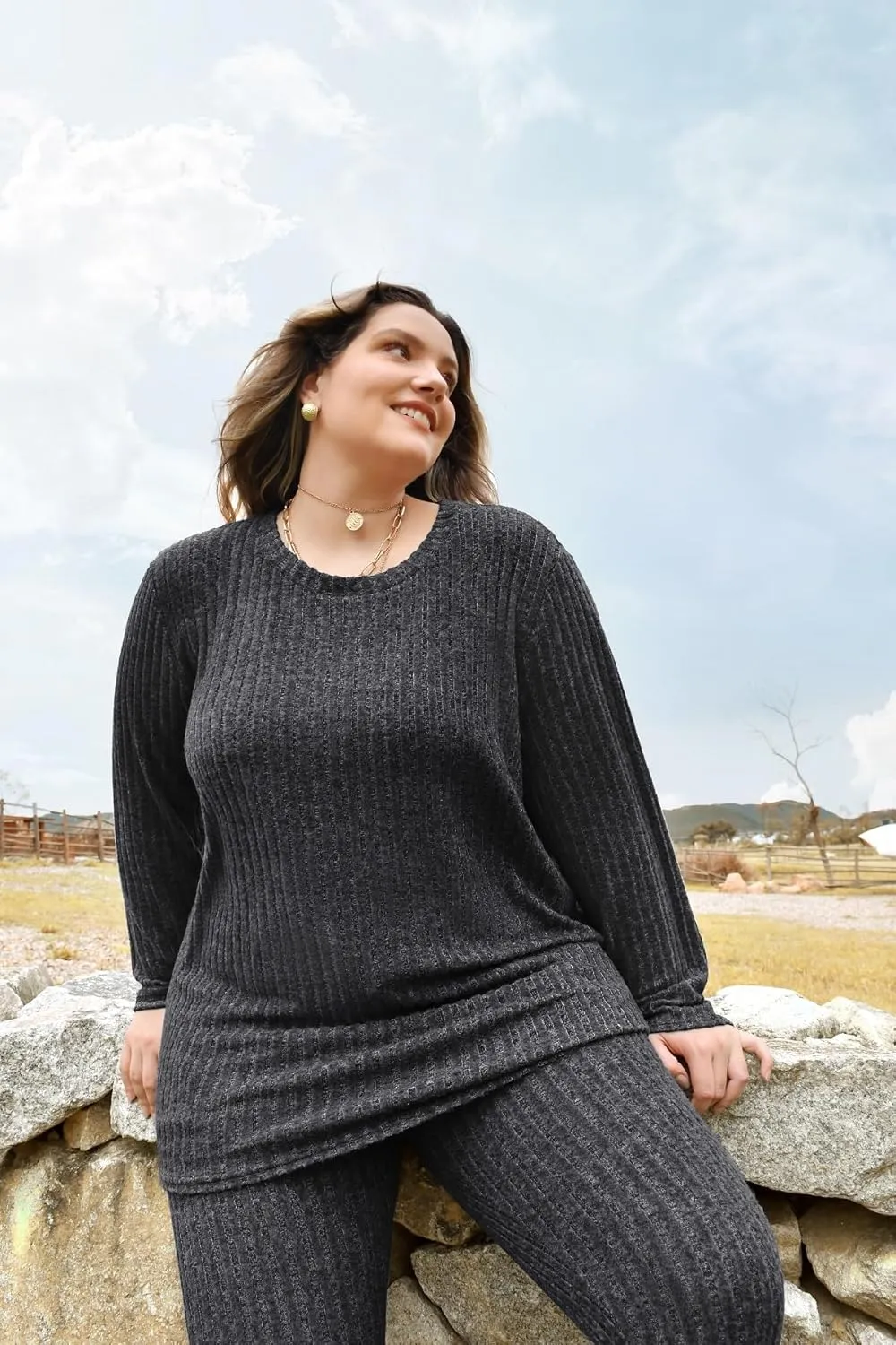RITERA Plus Size 2 Piece Outfits Ribbed Knit Long Sleeve Lounge Sets Fall Round Neck Solid Pullover Suits XL-5XL