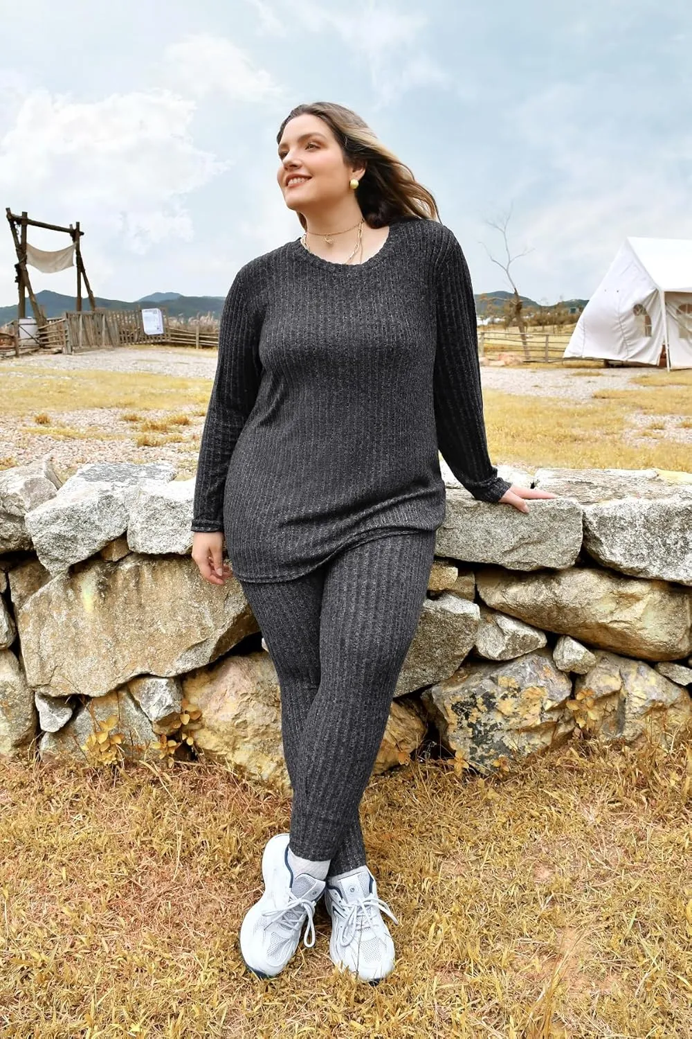 RITERA Plus Size 2 Piece Outfits Ribbed Knit Long Sleeve Lounge Sets Fall Round Neck Solid Pullover Suits XL-5XL