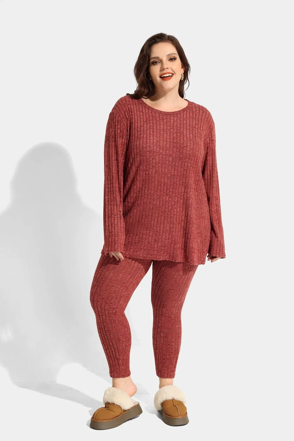 RITERA Plus Size 2 Piece Outfits Ribbed Knit Long Sleeve Lounge Sets Fall Round Neck Solid Pullover Suits XL-5XL