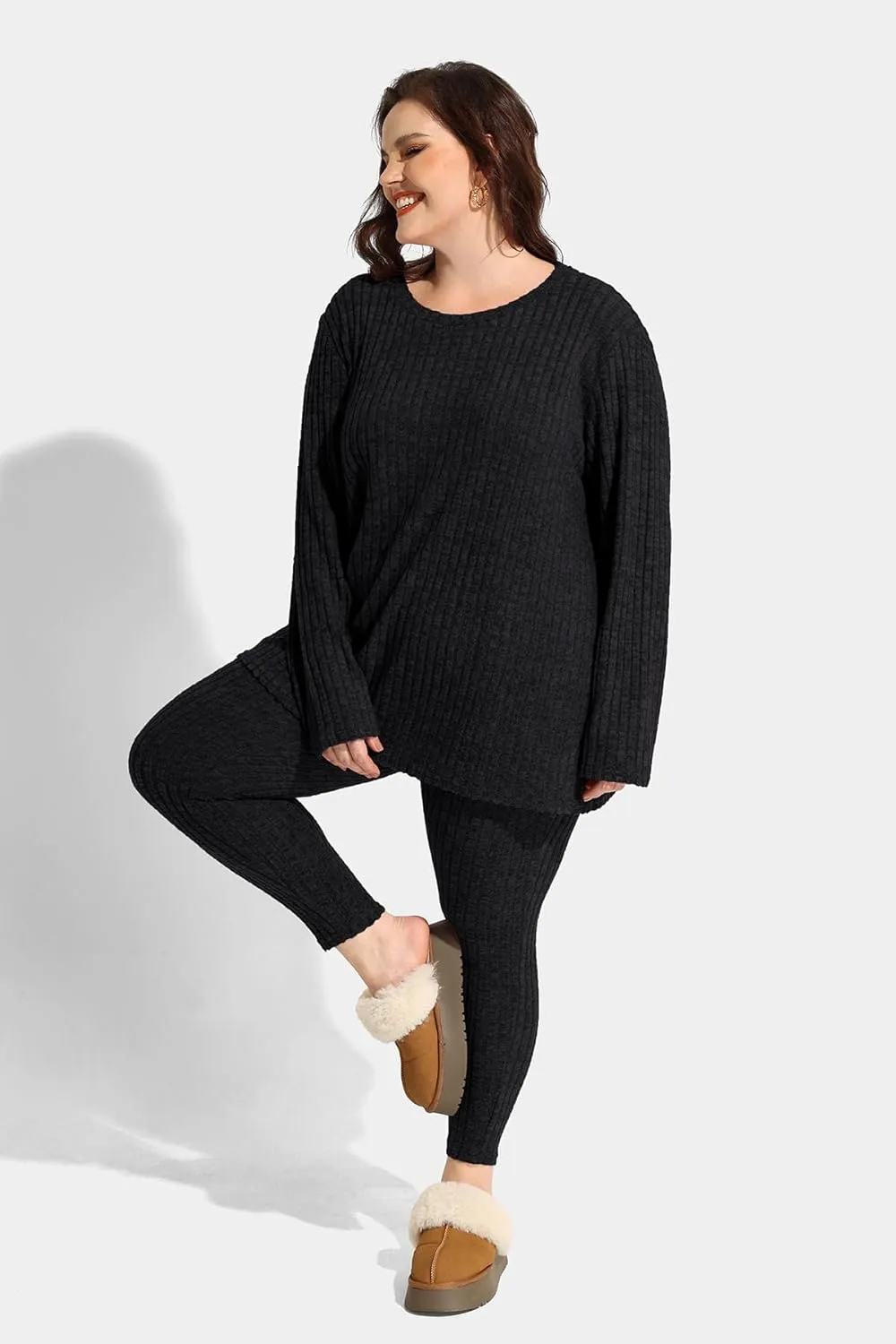 RITERA Plus Size 2 Piece Outfits Ribbed Knit Long Sleeve Lounge Sets Fall Round Neck Solid Pullover Suits XL-5XL
