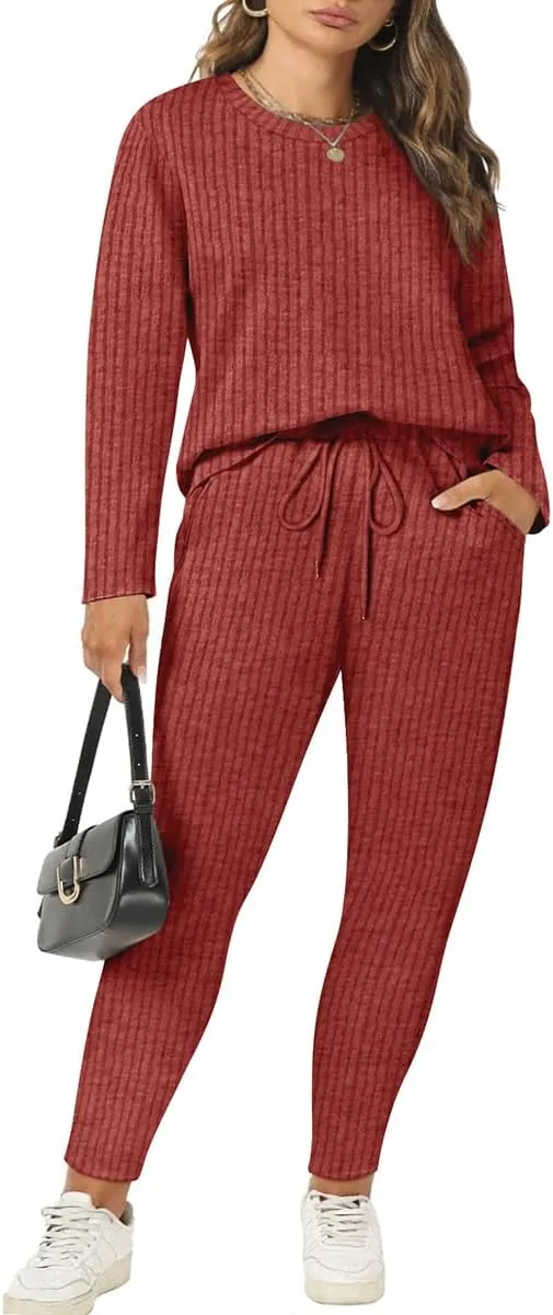 RITERA Plus Size 2 Piece Outfits Ribbed Knit Long Sleeve Lounge Sets Fall Round Neck Solid Pullover Suits XL-5XL