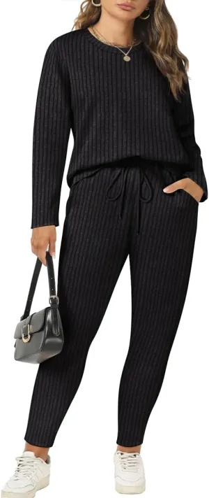 RITERA Plus Size 2 Piece Outfits Ribbed Knit Long Sleeve Lounge Sets Fall Round Neck Solid Pullover Suits XL-5XL
