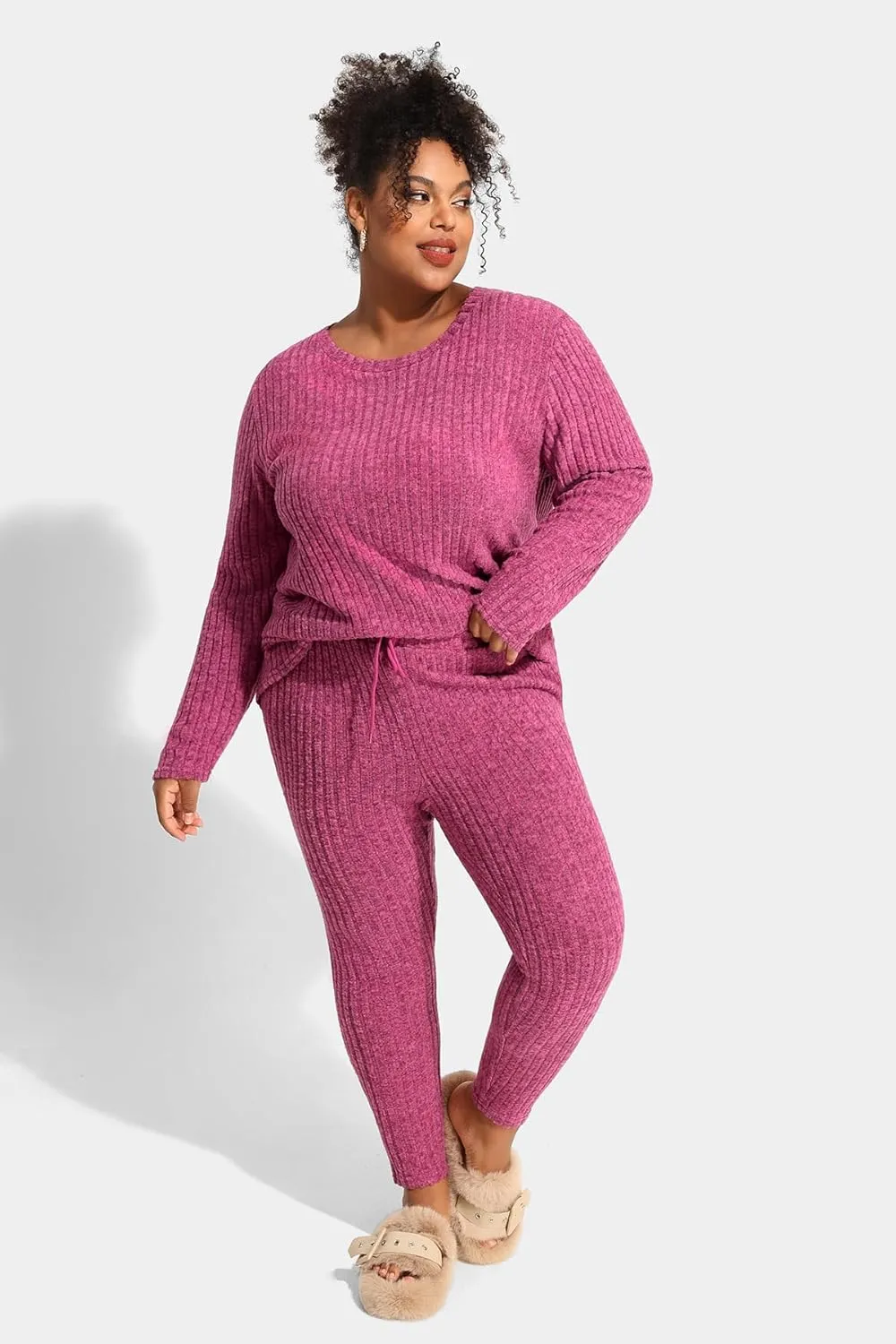 RITERA Plus Size 2 Piece Outfits Ribbed Knit Long Sleeve Lounge Sets Fall Round Neck Solid Pullover Suits XL-5XL