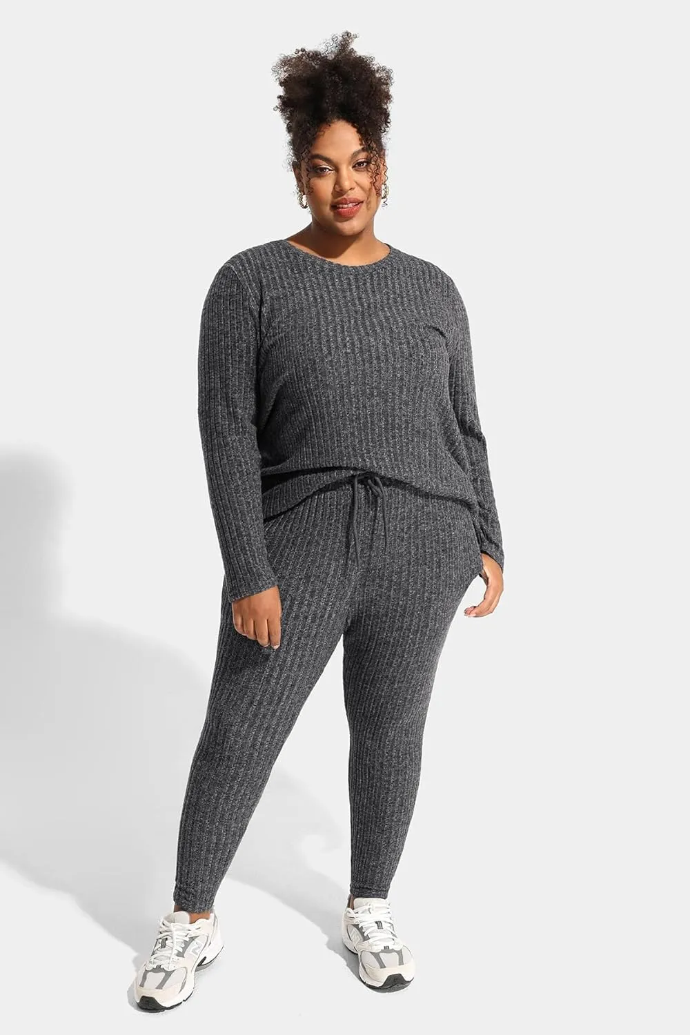 RITERA Plus Size 2 Piece Outfits Ribbed Knit Long Sleeve Lounge Sets Fall Round Neck Solid Pullover Suits XL-5XL
