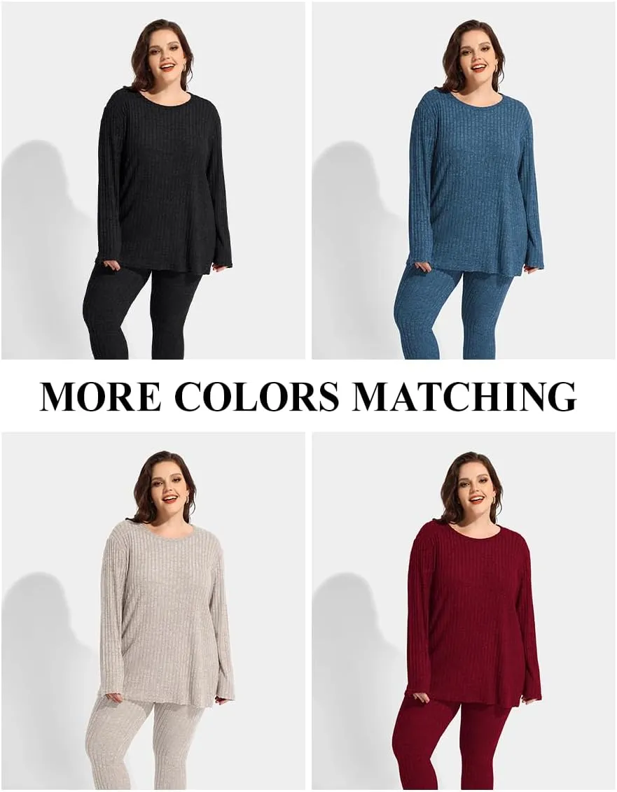 RITERA Plus Size 2 Piece Outfits Ribbed Knit Long Sleeve Lounge Sets Fall Round Neck Solid Pullover Suits XL-5XL