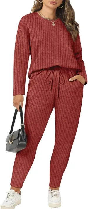 RITERA Plus Size 2 Piece Outfits Ribbed Knit Long Sleeve Lounge Sets Fall Round Neck Solid Pullover Suits XL-5XL
