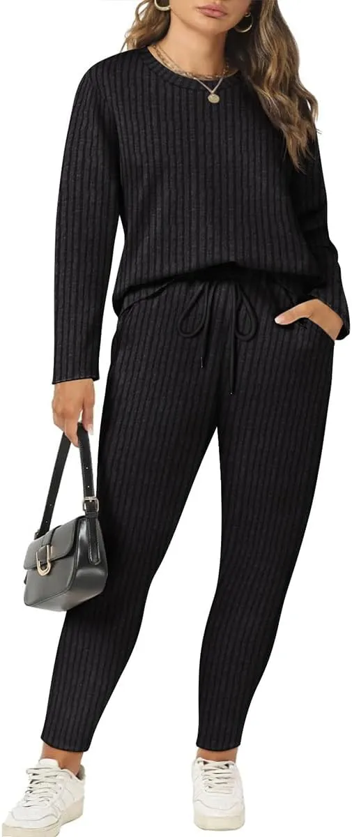 RITERA Plus Size 2 Piece Outfits Ribbed Knit Long Sleeve Lounge Sets Fall Round Neck Solid Pullover Suits XL-5XL