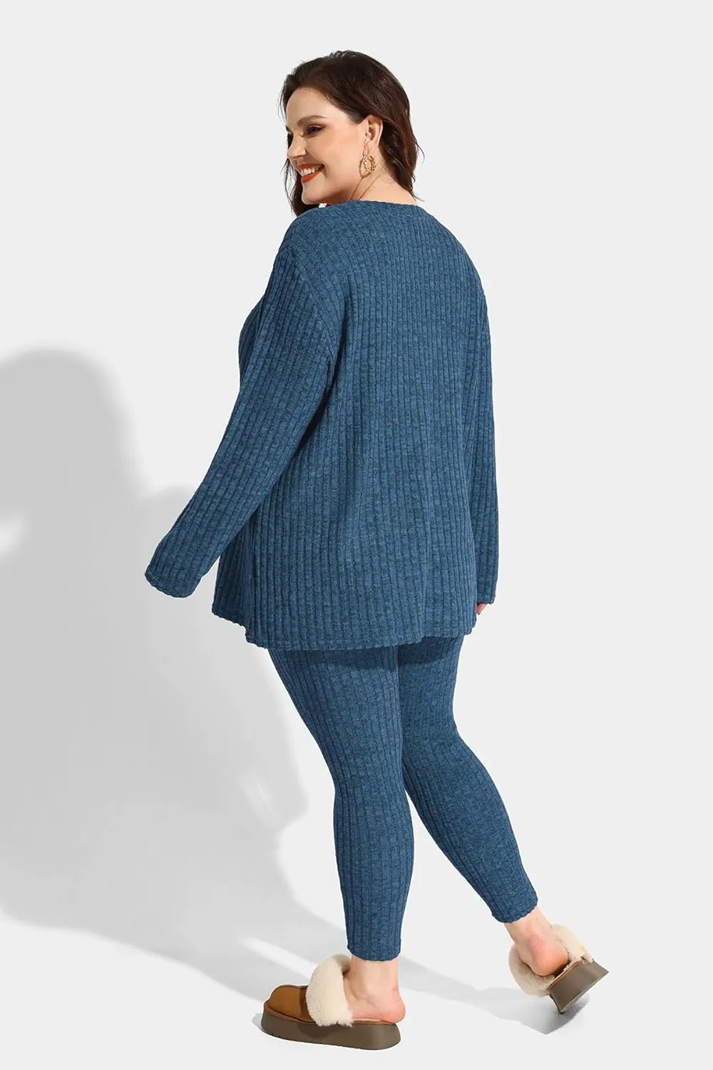 RITERA Plus Size 2 Piece Outfits Ribbed Knit Long Sleeve Lounge Sets Fall Round Neck Solid Pullover Suits XL-5XL