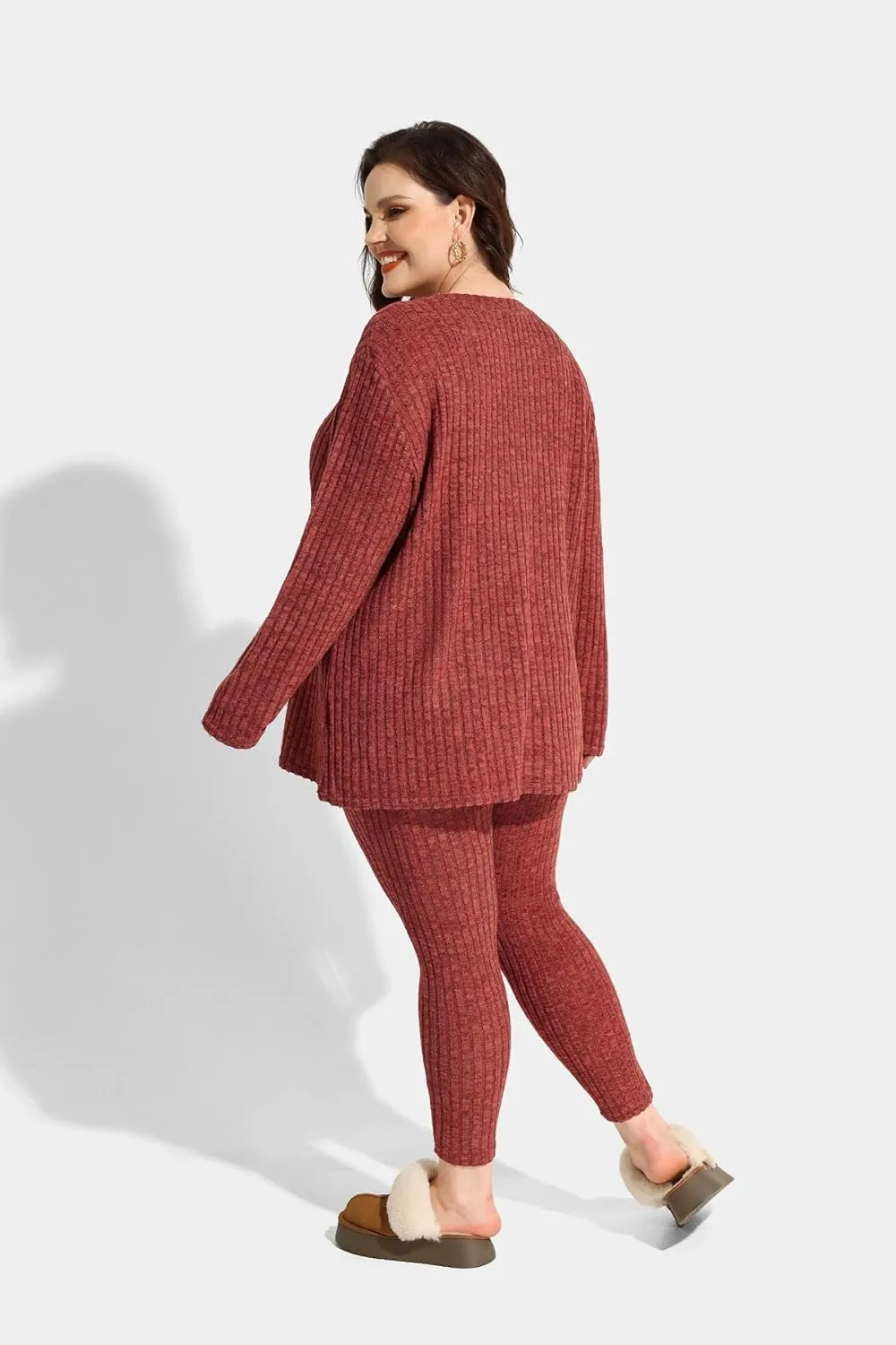 RITERA Plus Size 2 Piece Outfits Ribbed Knit Long Sleeve Lounge Sets Fall Round Neck Solid Pullover Suits XL-5XL