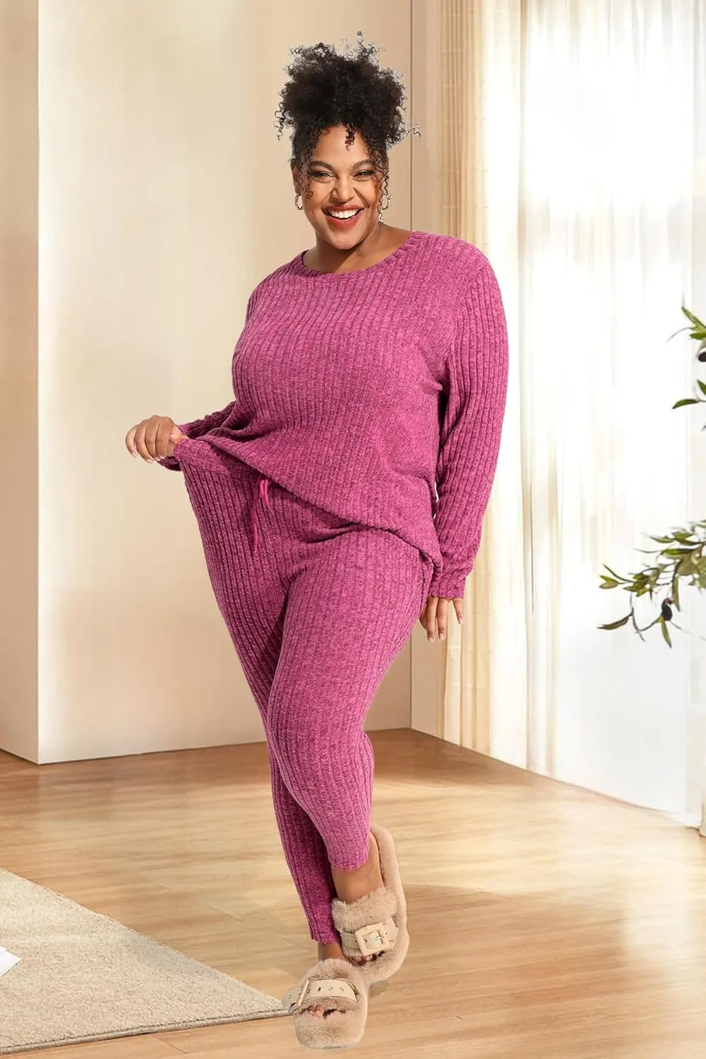 RITERA Plus Size 2 Piece Outfits Ribbed Knit Long Sleeve Lounge Sets Fall Round Neck Solid Pullover Suits XL-5XL