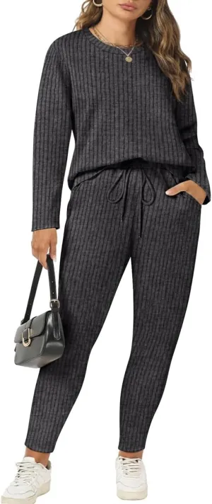 RITERA Plus Size 2 Piece Outfits Ribbed Knit Long Sleeve Lounge Sets Fall Round Neck Solid Pullover Suits XL-5XL