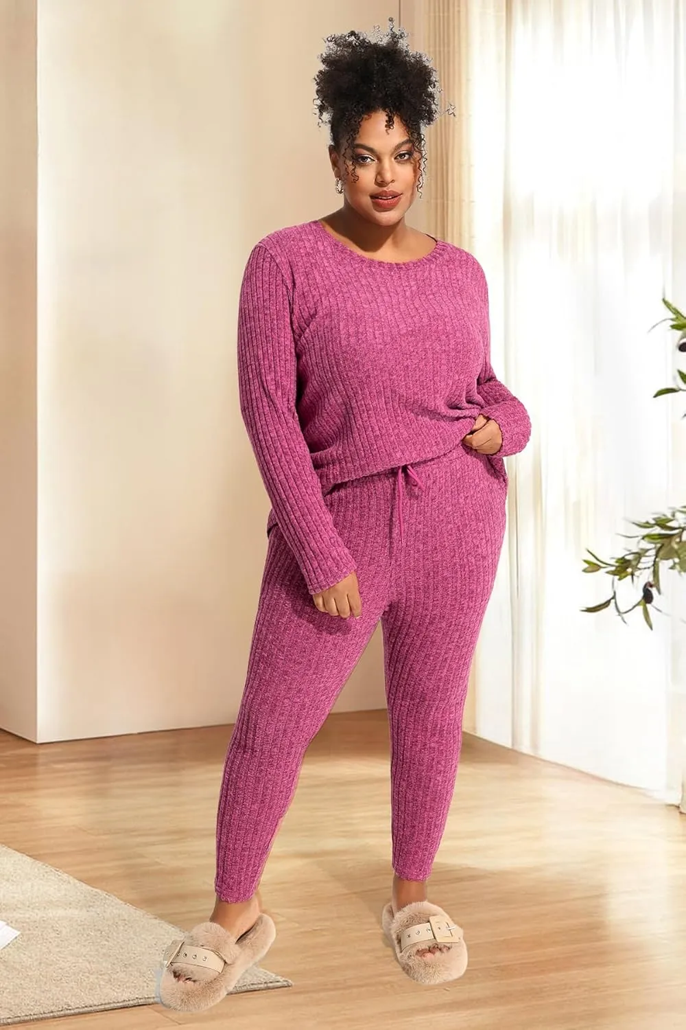 RITERA Plus Size 2 Piece Outfits Ribbed Knit Long Sleeve Lounge Sets Fall Round Neck Solid Pullover Suits XL-5XL