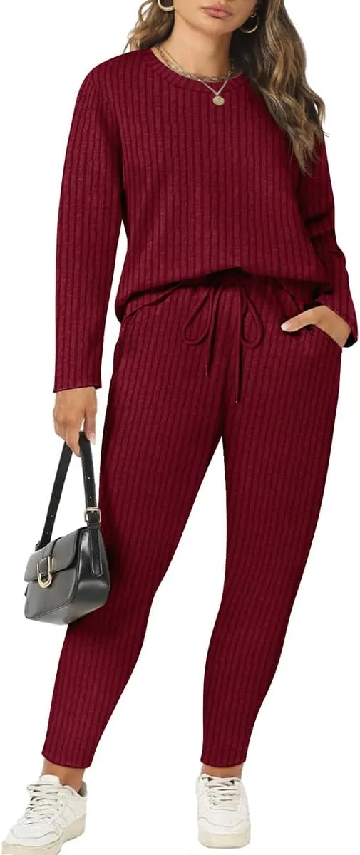 RITERA Plus Size 2 Piece Outfits Ribbed Knit Long Sleeve Lounge Sets Fall Round Neck Solid Pullover Suits XL-5XL