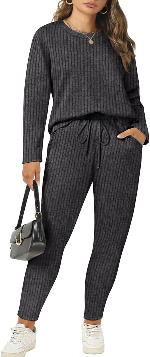 RITERA Plus Size 2 Piece Outfits Ribbed Knit Long Sleeve Lounge Sets Fall Round Neck Solid Pullover Suits XL-5XL