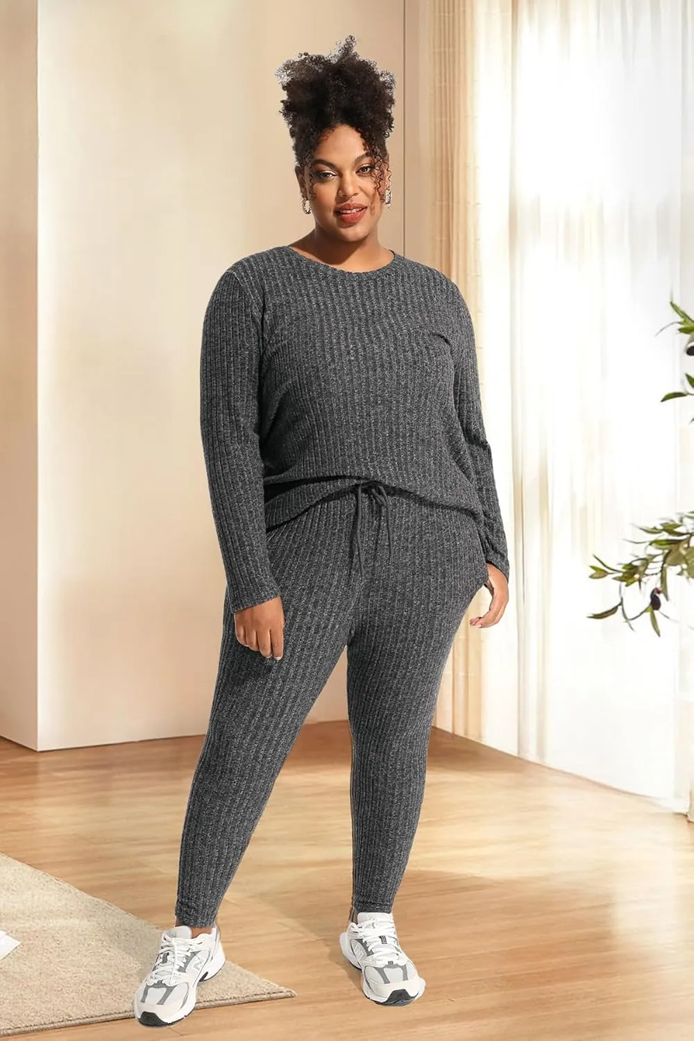 RITERA Plus Size 2 Piece Outfits Ribbed Knit Long Sleeve Lounge Sets Fall Round Neck Solid Pullover Suits XL-5XL