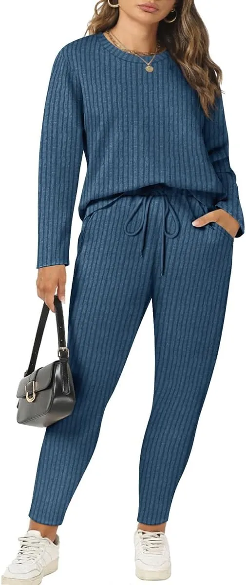 RITERA Plus Size 2 Piece Outfits Ribbed Knit Long Sleeve Lounge Sets Fall Round Neck Solid Pullover Suits XL-5XL