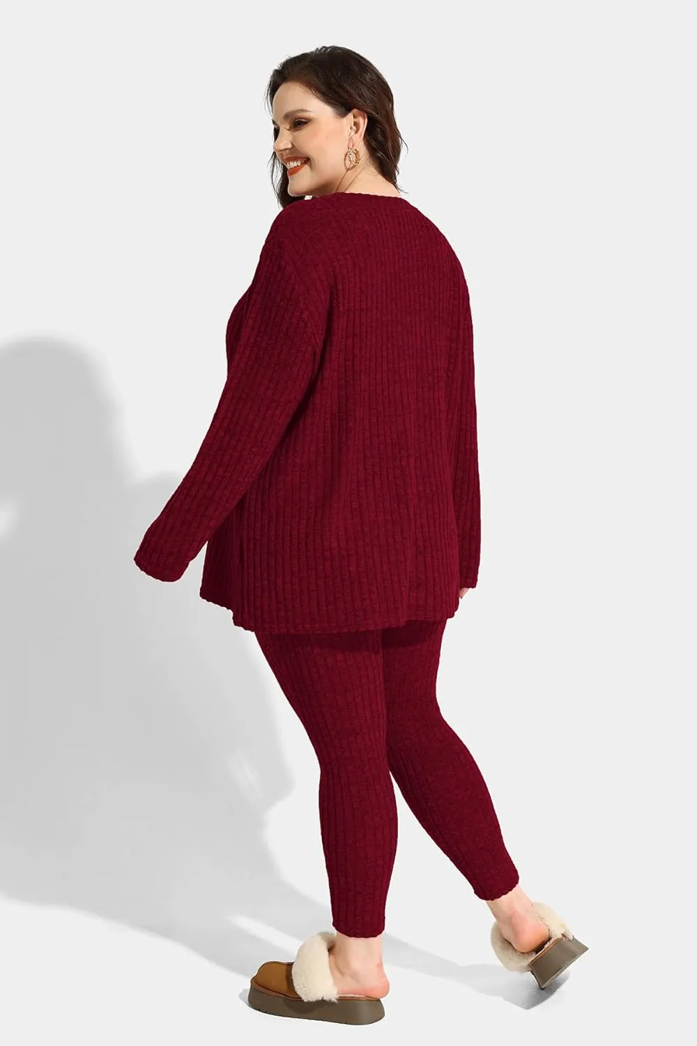 RITERA Plus Size 2 Piece Outfits Ribbed Knit Long Sleeve Lounge Sets Fall Round Neck Solid Pullover Suits XL-5XL