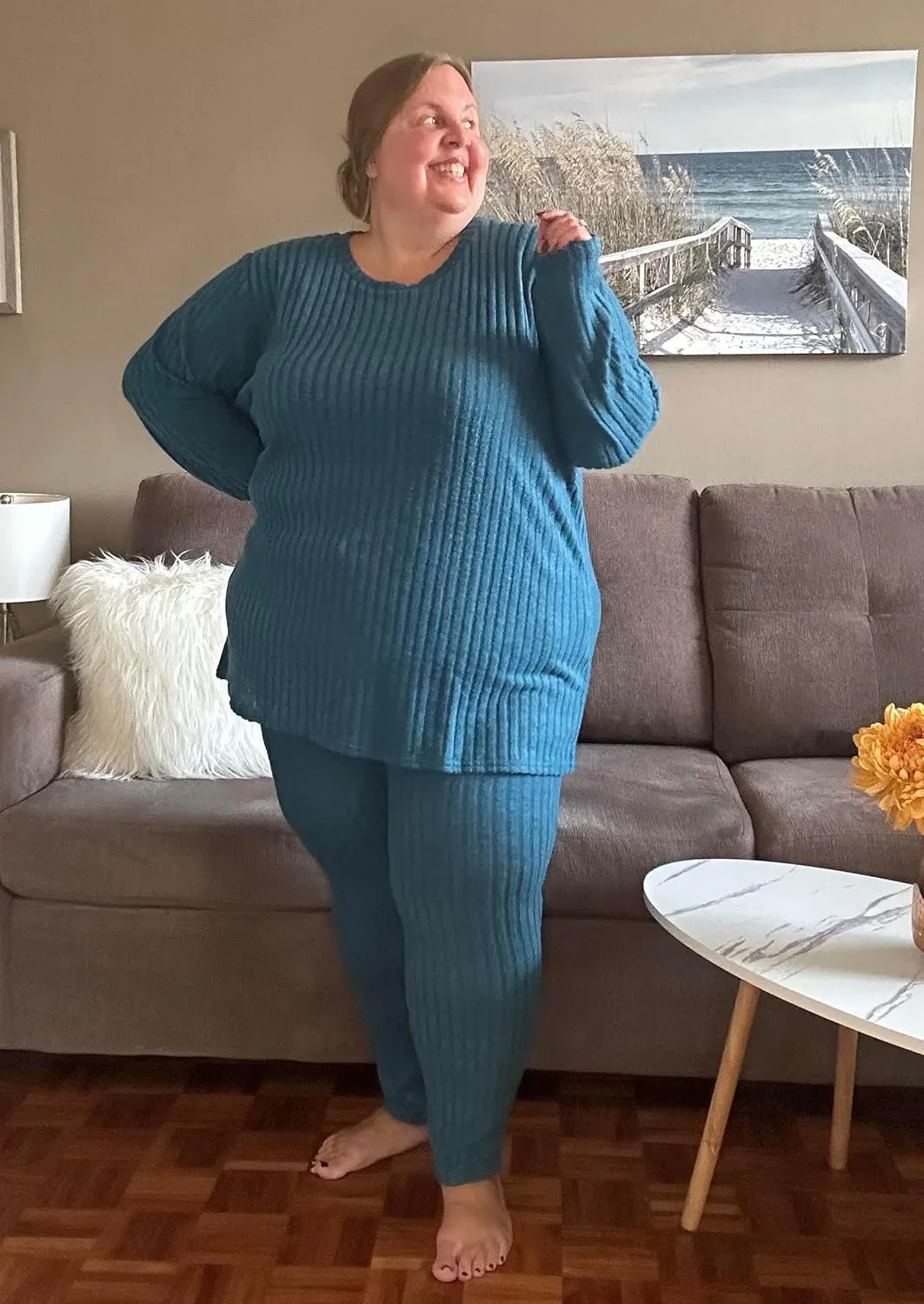 RITERA Plus Size 2 Piece Outfits Ribbed Knit Long Sleeve Lounge Sets Fall Round Neck Solid Pullover Suits XL-5XL