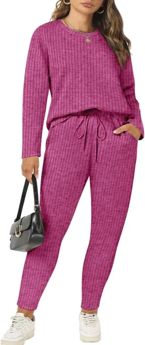 RITERA Plus Size 2 Piece Outfits Ribbed Knit Long Sleeve Lounge Sets Fall Round Neck Solid Pullover Suits XL-5XL
