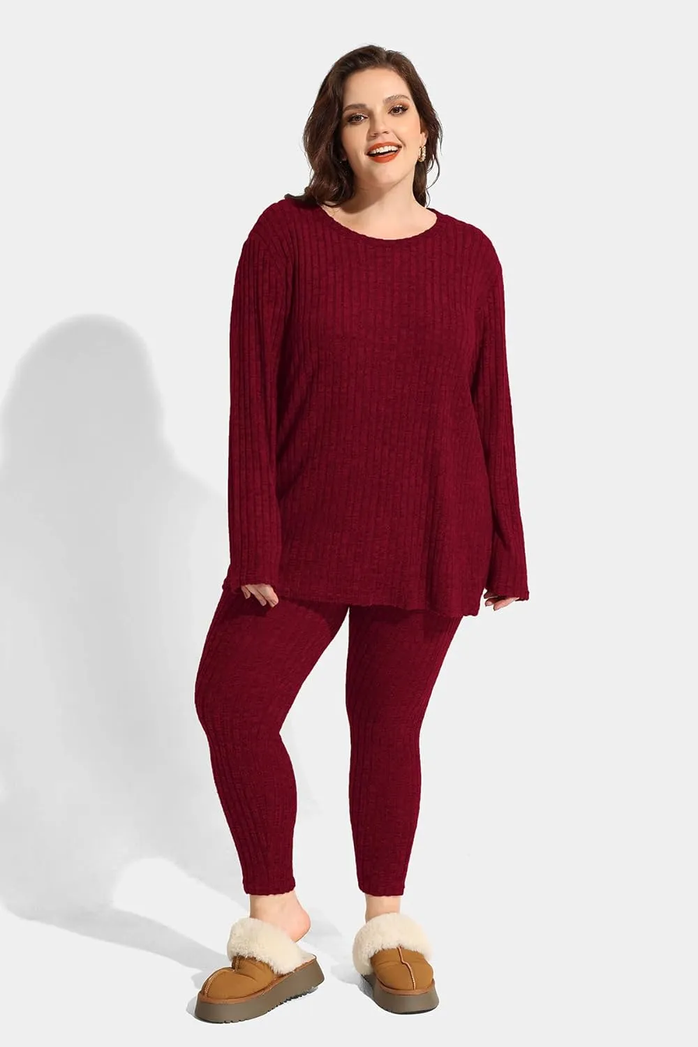 RITERA Plus Size 2 Piece Outfits Ribbed Knit Long Sleeve Lounge Sets Fall Round Neck Solid Pullover Suits XL-5XL