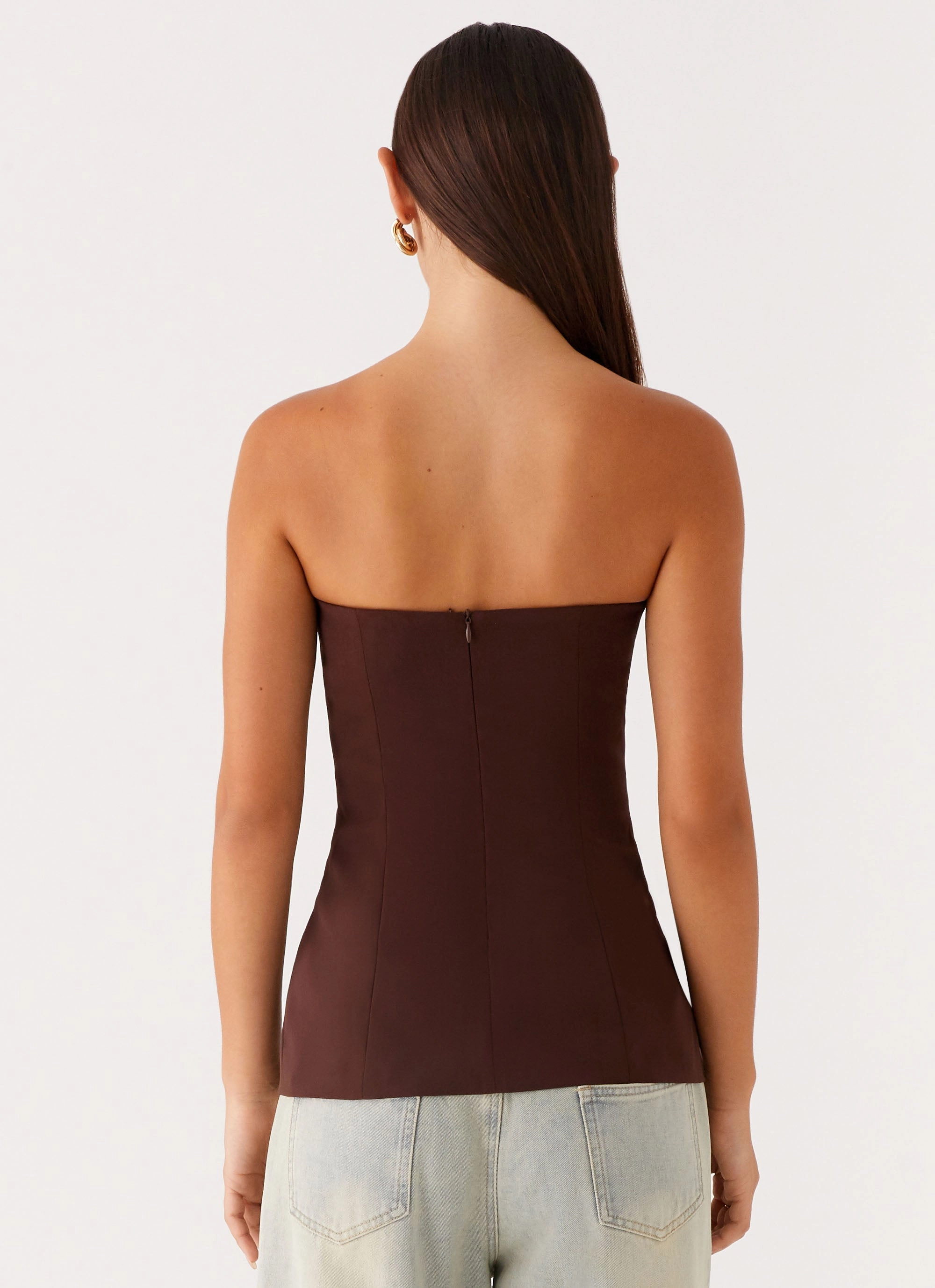 Button Down Collar Style Riveria Strapless Top - Chocolate