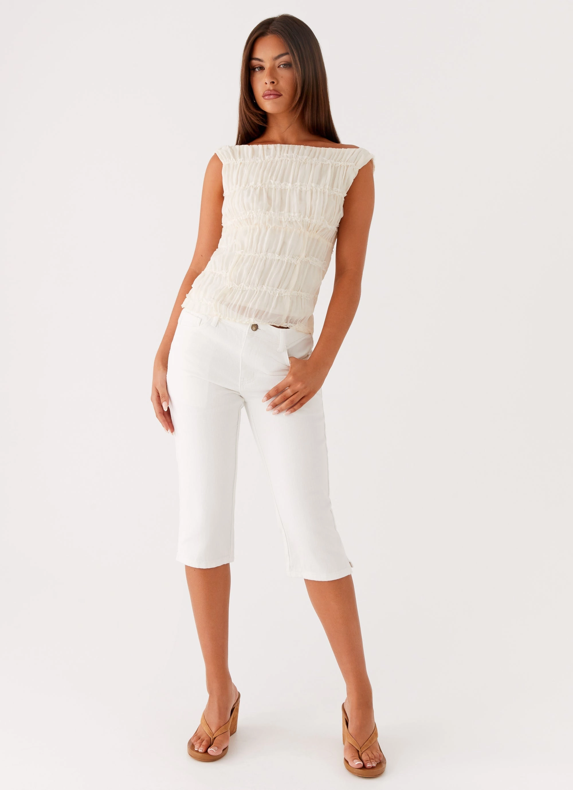 Textured Family Style Autumn Days Street Cool Rocco Denim Capri Pants - Off White