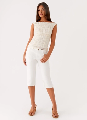 Textured Family Style Autumn Days Street Cool Rocco Denim Capri Pants - Off White
