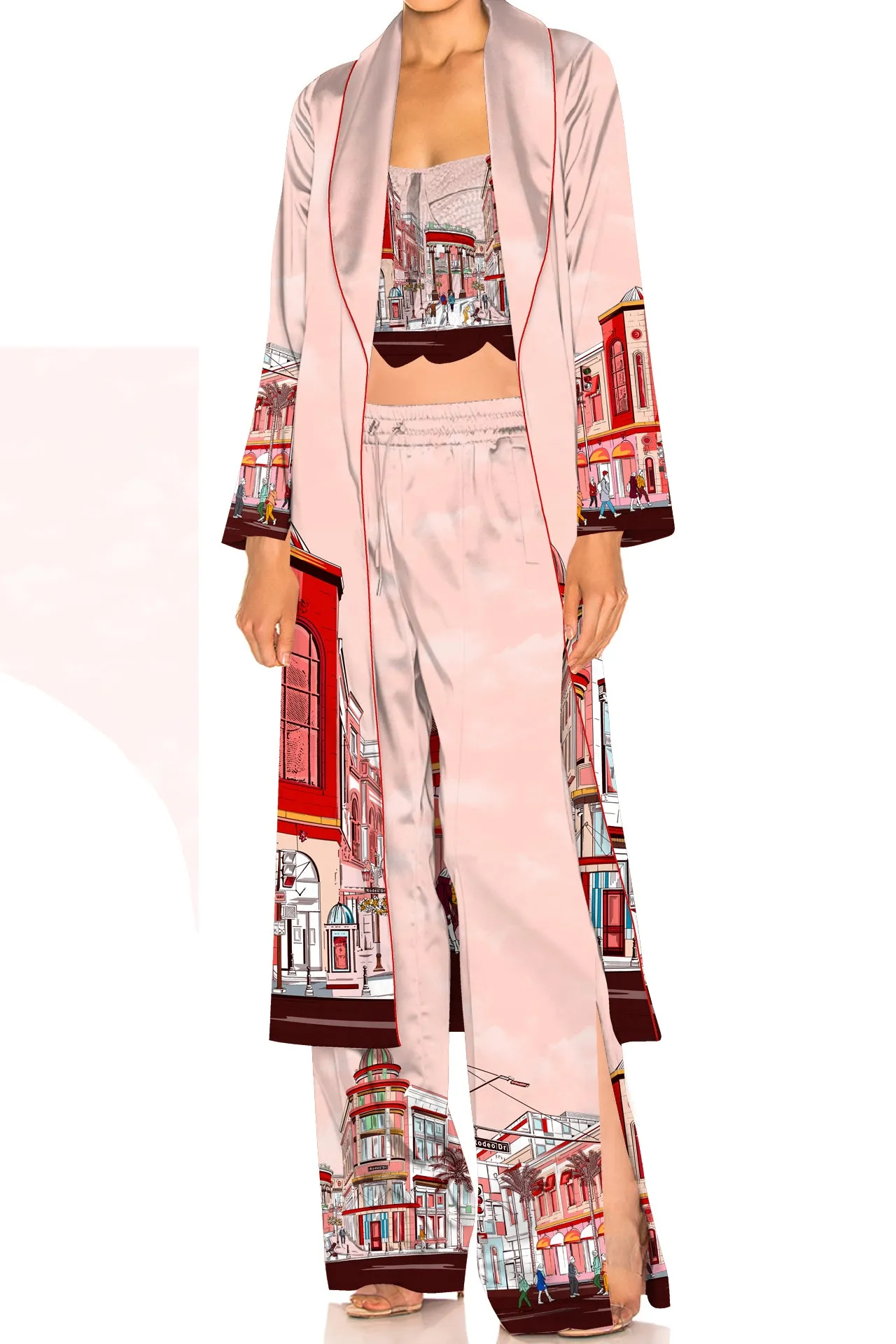 Rodeo Drive Print Red Robe Silk Kimono
