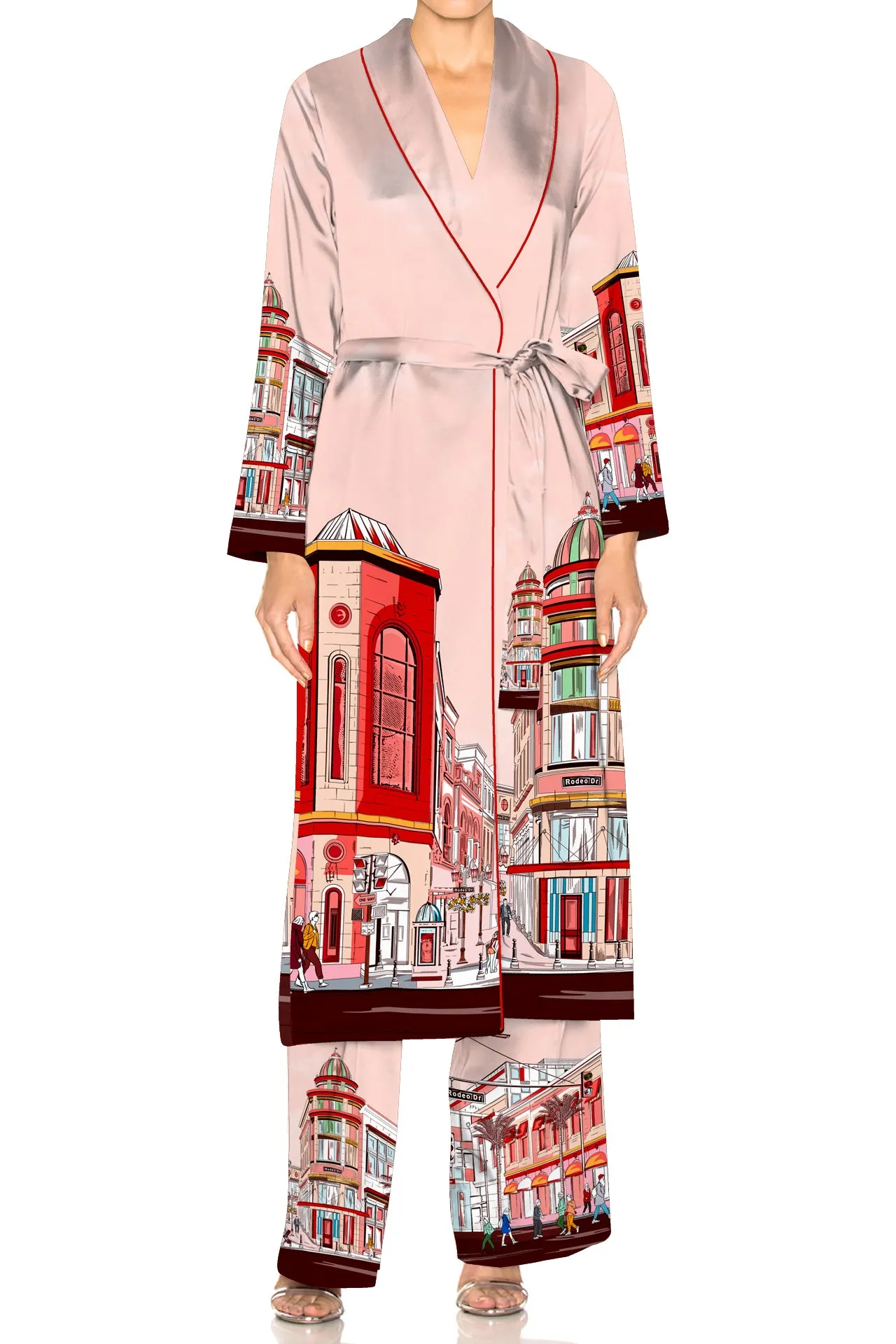 Rodeo Drive Print Red Robe Silk Kimono