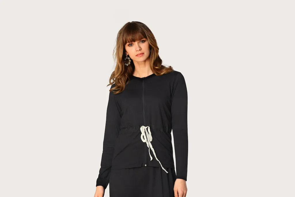 Rojo London Lacy Black Modal Nightgown & Zip Up Sweater
