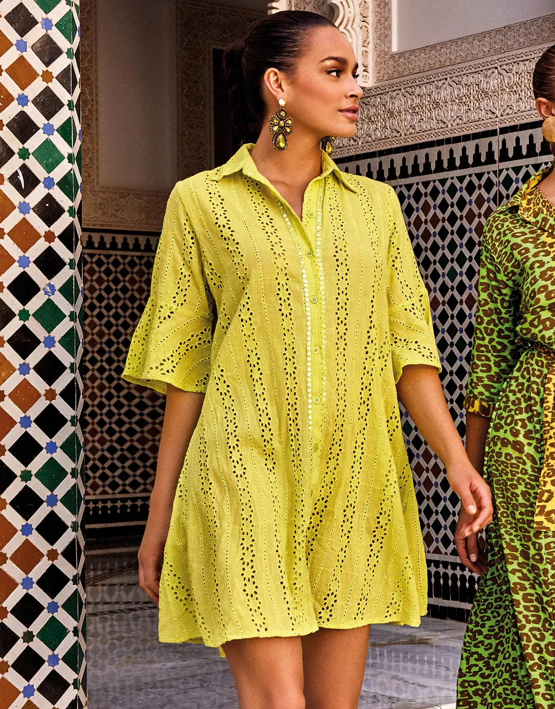 Romina 3/4 Sleeve Shirt Dress - Lime