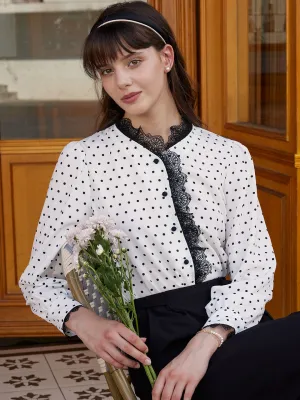 Layered Collar System Quick Dry Feature Rosalina Polka Dot Contrast Lace Panel Blouse