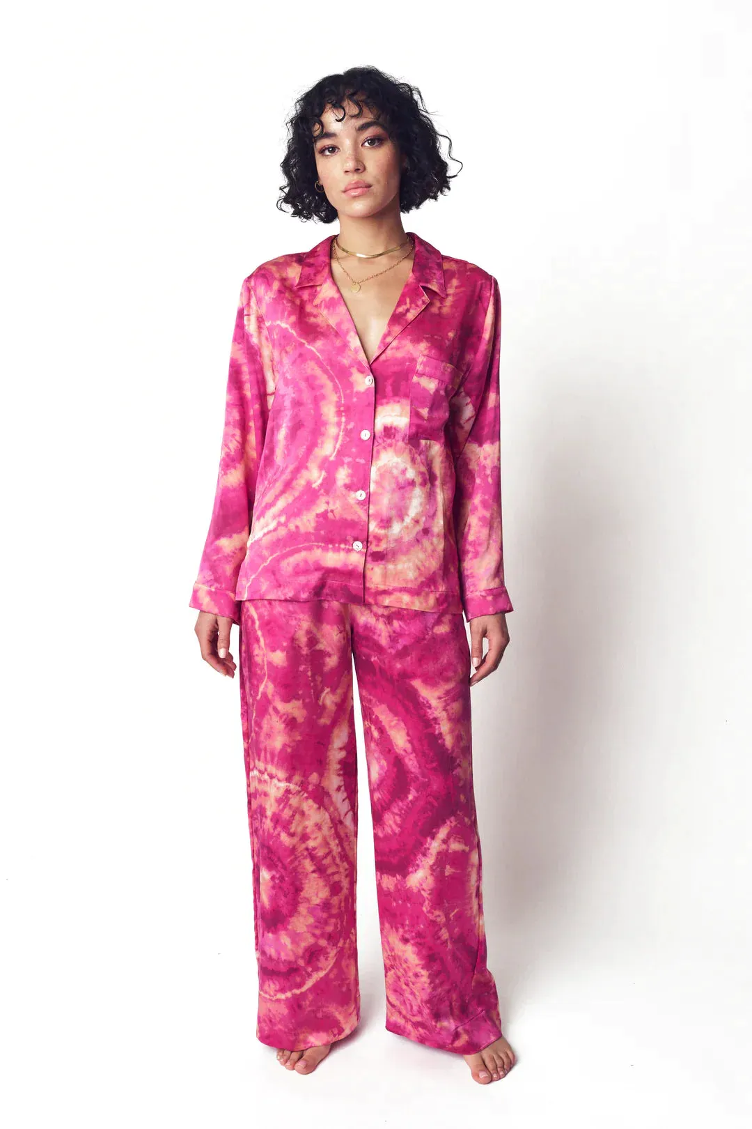 Rose Quartz Geode Tie-Dye Silk Pajama Top