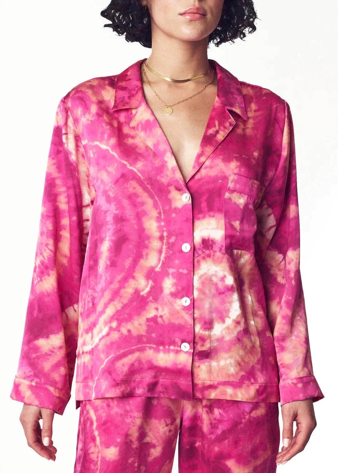 Rose Quartz Geode Tie-Dye Silk Pajama Top