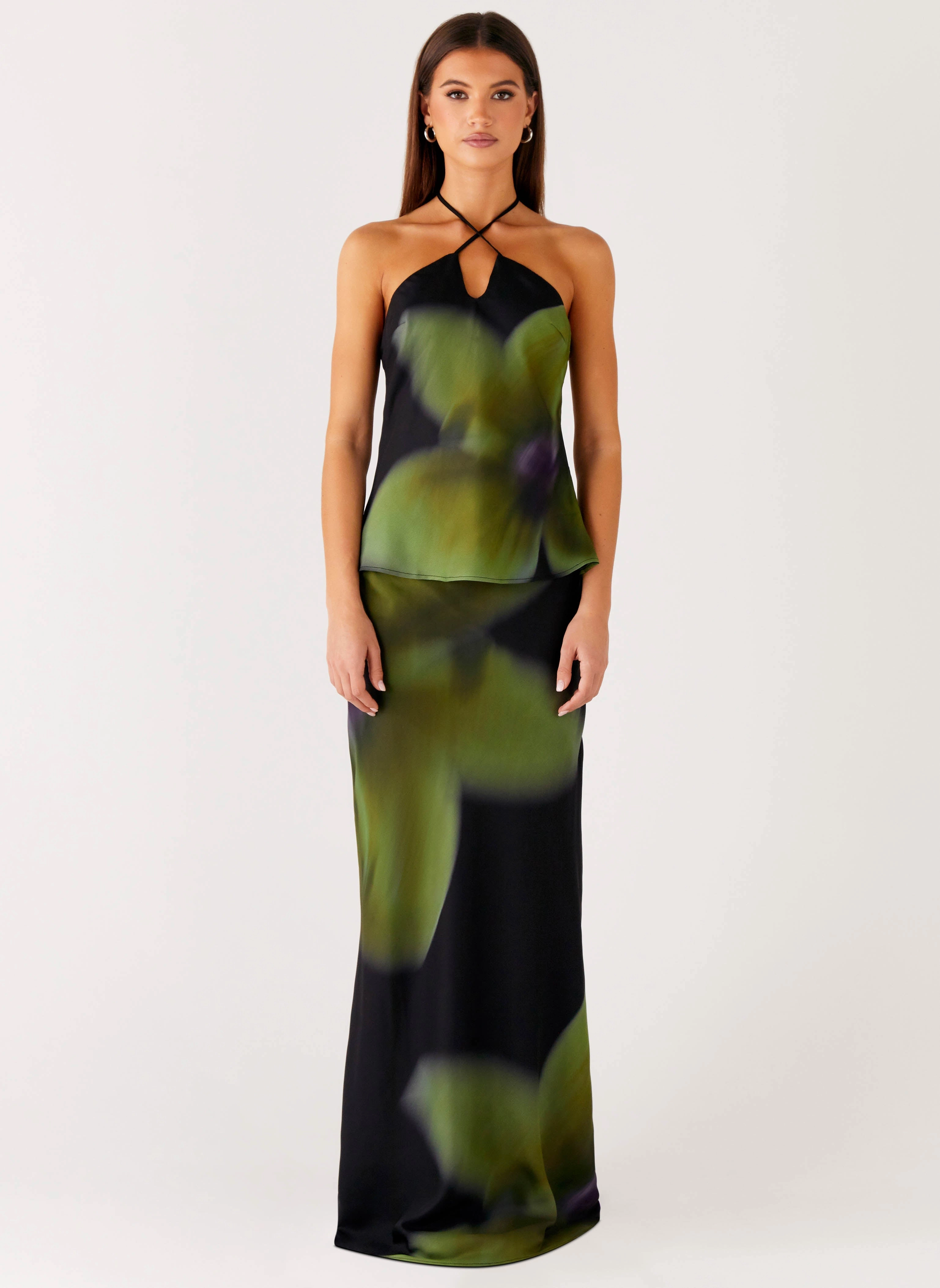 Fringe Detail Rosetta Maxi Skirt - Lime Flower