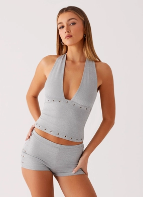Roxy Halter Top - Grey Yarn Dyed Fabric