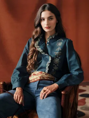Sheer Overlay Material Casual dress Royalty Stand Collar Embroidery Blouse