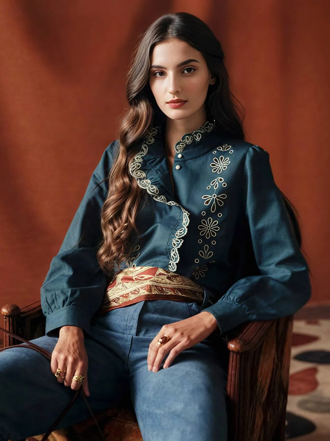 Sheer Overlay Material Casual dress Royalty Stand Collar Embroidery Blouse