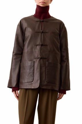 Many Pockets Extra Layer Piece Mandarin Leather Jacket
