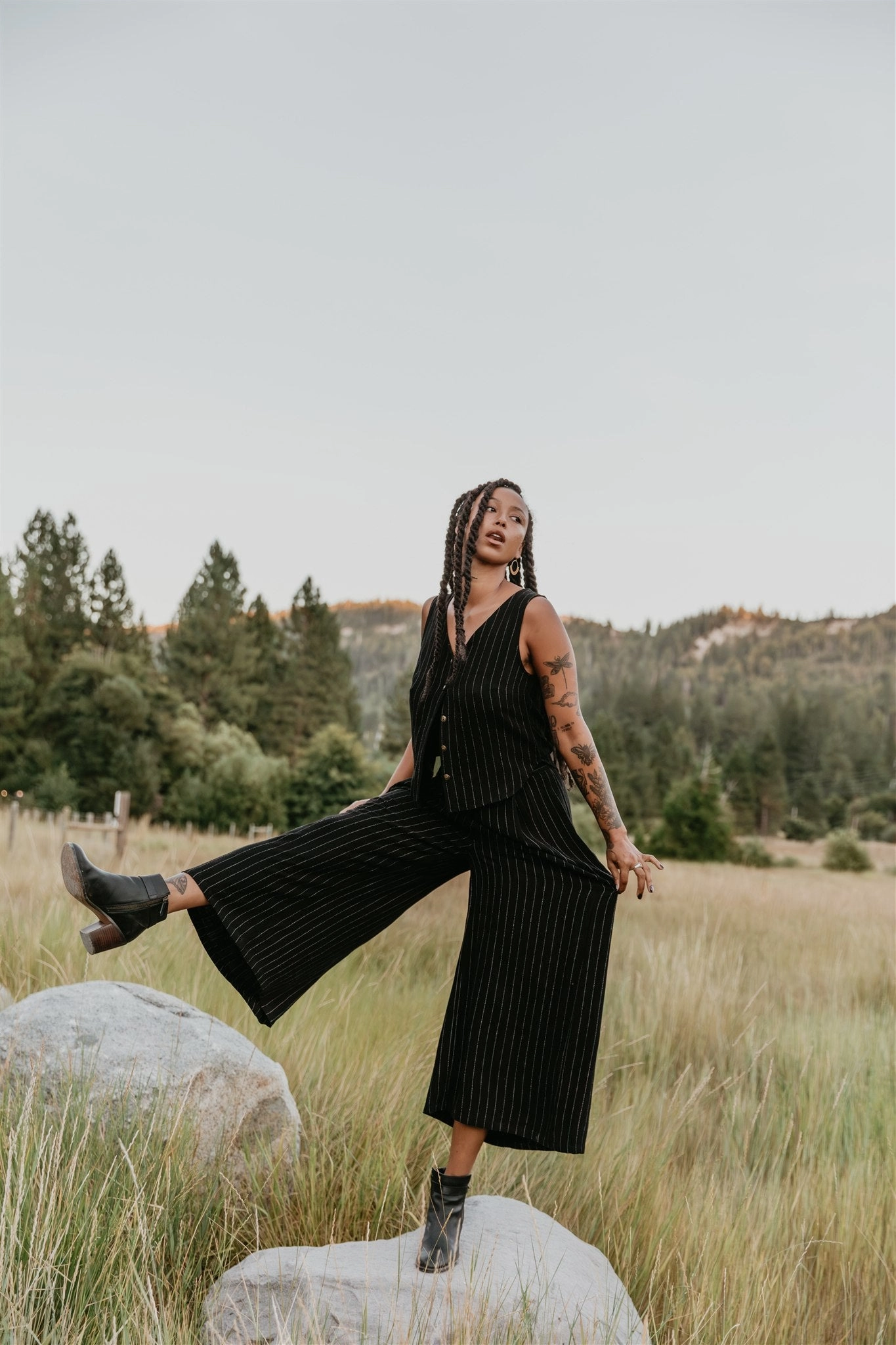 Core Basic Rue Pants in Black Linen PinStripe
