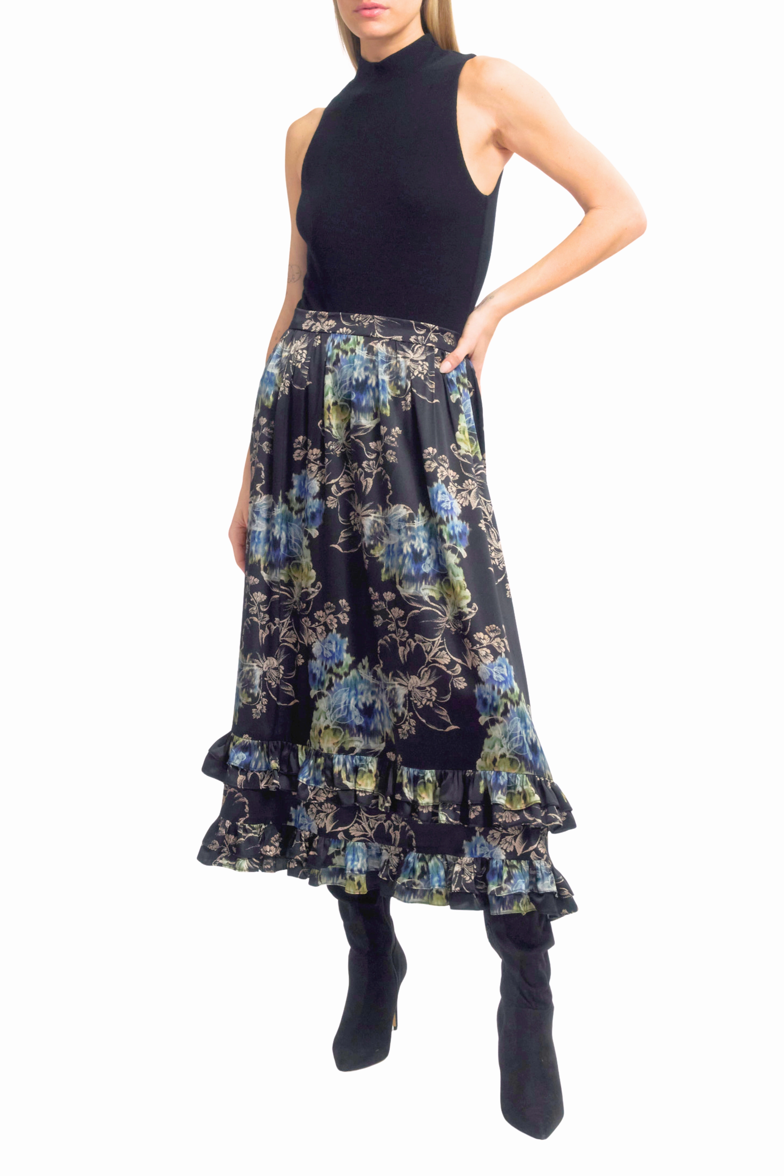 Leg Elongating Ruffle Midi Skirt