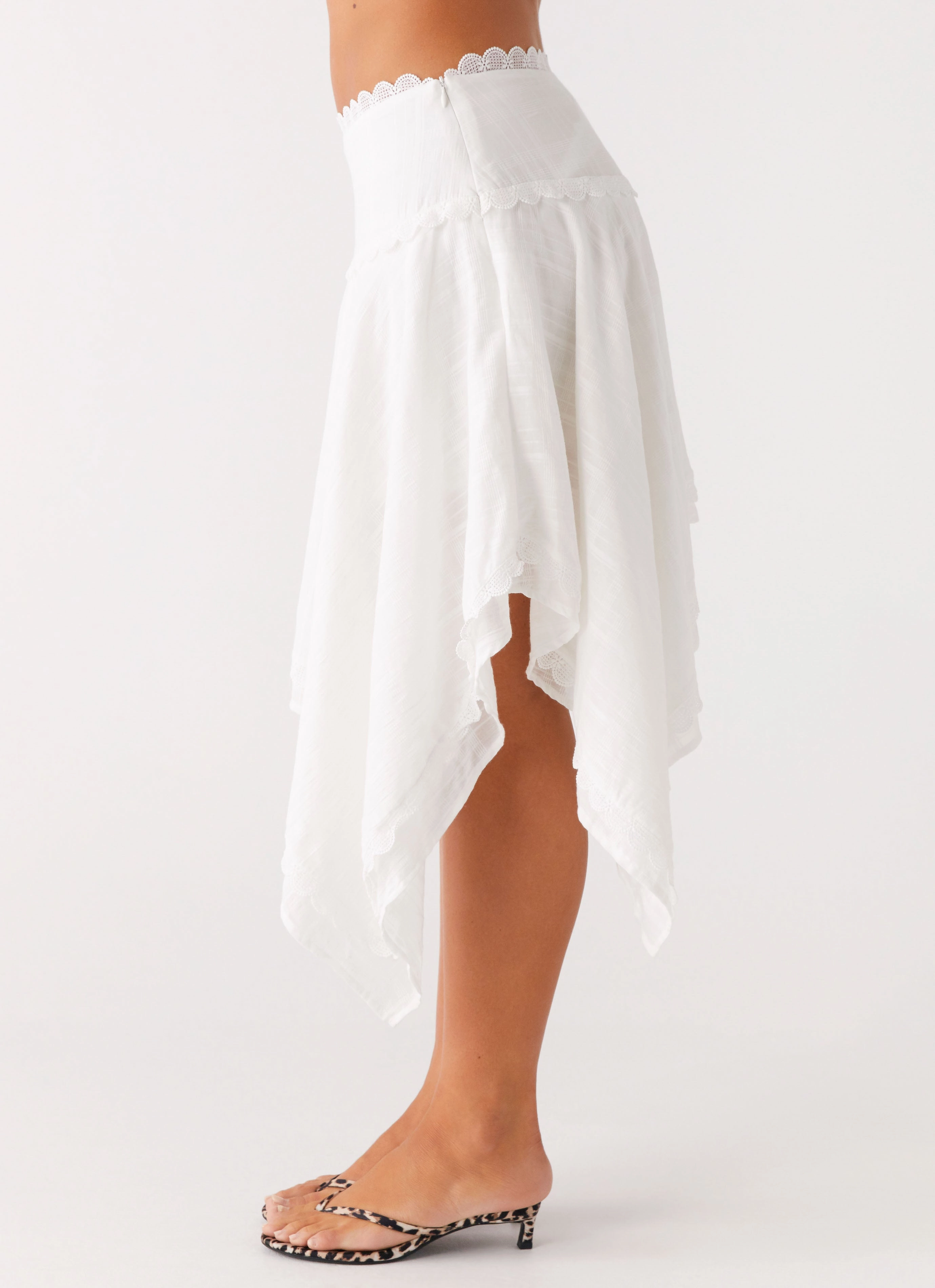 Clearwater Mist Midi Skirt - White A Line Cut Detail Focus