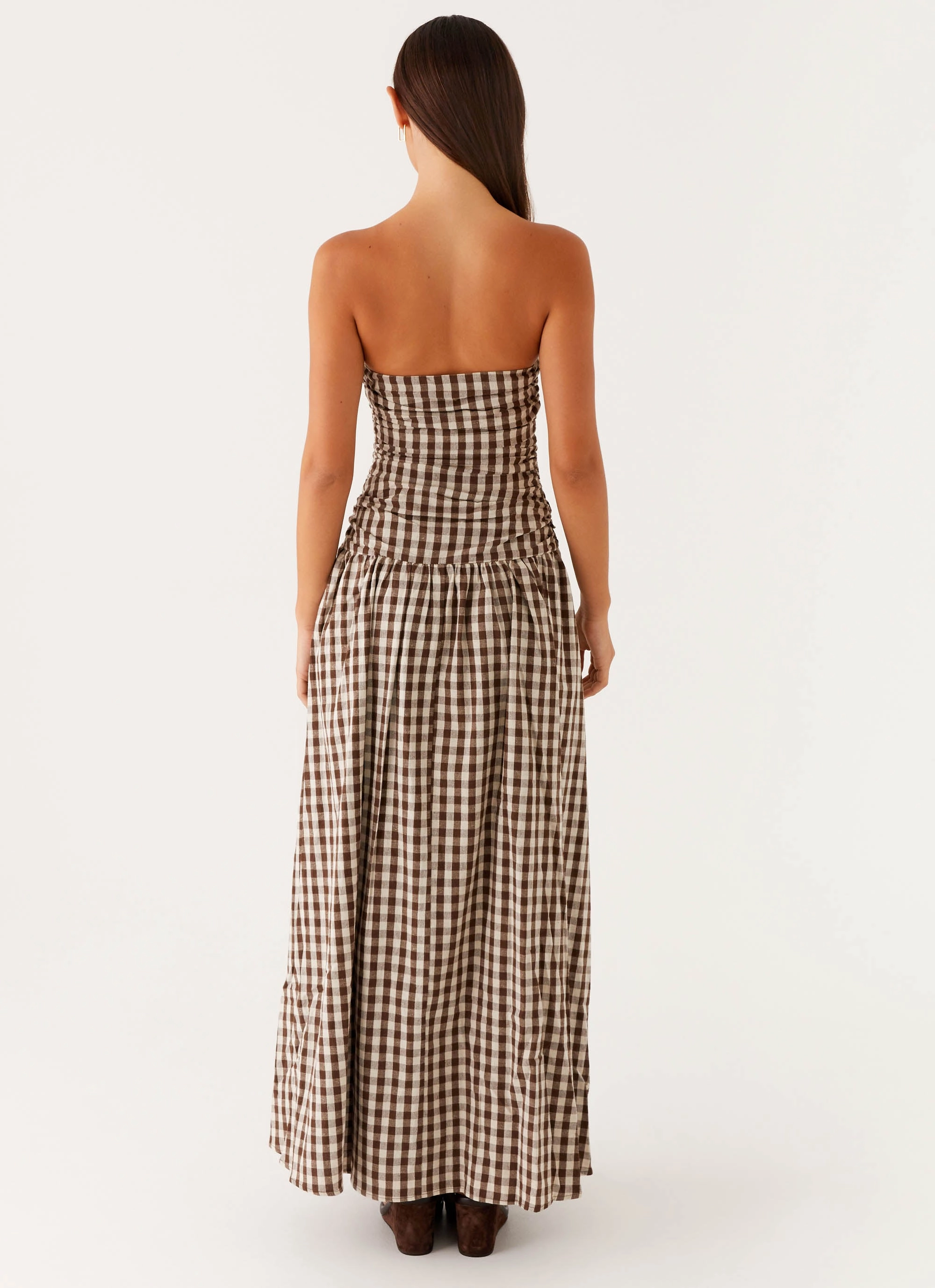 Relaxed Waist Carmel Maxi Dress - Brown Gingham
